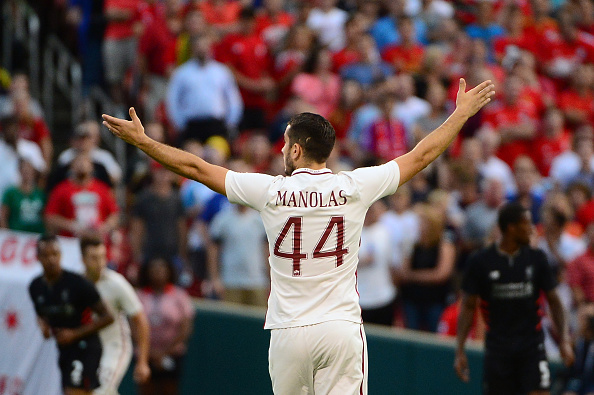 ST LOUIS, MO - AUGUST 01: Kostas Manolas #44 of AS Roma reacts to a call during a friendly match against Liverpool FC at Busch Stadium on August 1, 2016 in St Louis, Missouri. AC Roma won 2-1. (Photo by Jeff Curry/Getty Images)